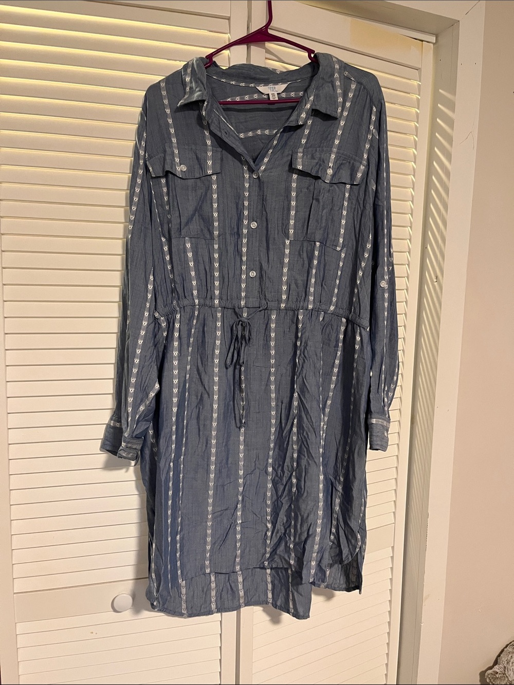 Time and Tru Blue Striped Button-Front Drawstring Shirt Dress